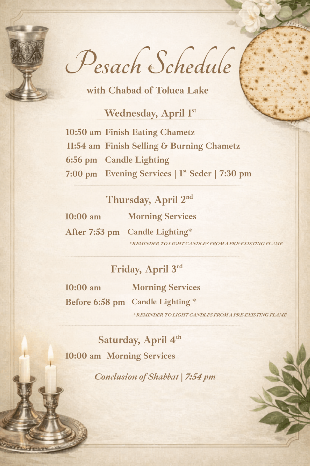 Passover Schedule | Chabad of Toluca Lake